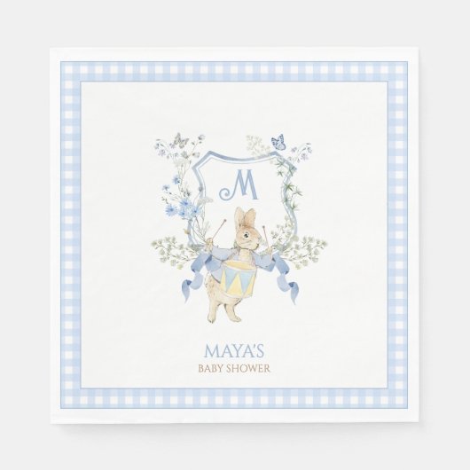 Blue Gingham Peter die Rabbit Monogram Baby Dusche Serviette (Vorderseite)
