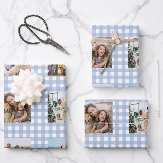 Blue Gingham Photo Collage Geschenkpapier Set (Vorderseite)