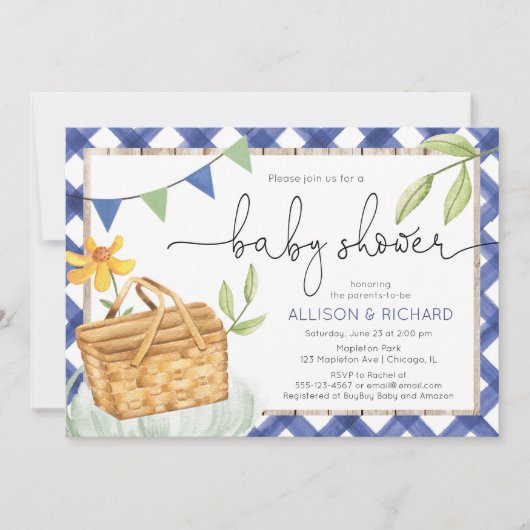 Blue Gingham Picnic Baby Dusche Picnic im Park Einladung (Vorderseite)