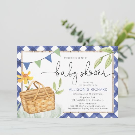 Blue Gingham Picnic Baby Dusche Picnic im Park Einladung (Stehend Vorderseite)