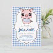 Blue Gingham Piggy Baby Dusche Einladung (Stehend Vorderseite)