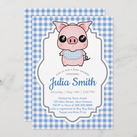 Blue Gingham Piggy Baby Dusche Einladung (Vorne/Hinten)