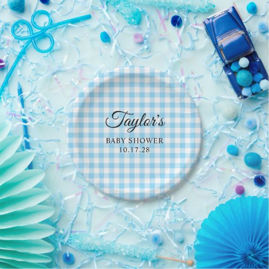 Blue Gingham Plaid Baby Shower Pappteller (Party)