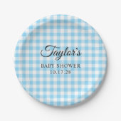 Blue Gingham Plaid Baby Shower Pappteller (Vorderseite)