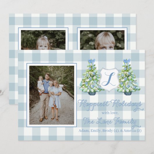 Blue Gingham Plaid Holiday Card Einladung (Vorne/Hinten)