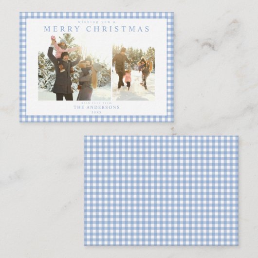 Blue Gingham Plaid Two Photo Mini Holiday Card Mitteilungskarte (Vorne/Hinten)