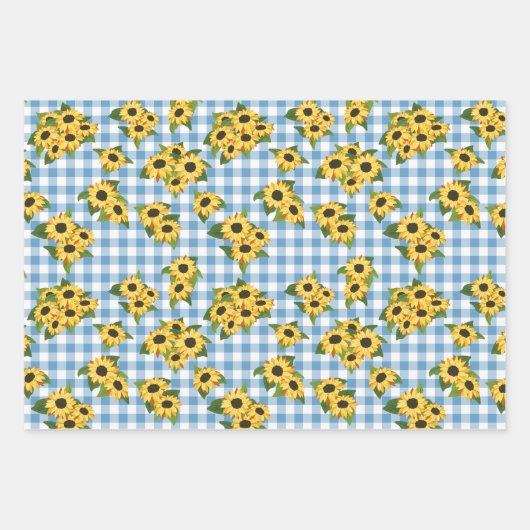 Blue Gingham Polka Dots Sonnenblumen Blumenmuster Geschenkpapier Set (Vorderseite 2)