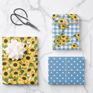 Blue Gingham Polka Dots Sonnenblumen Blumenmuster Geschenkpapier Set