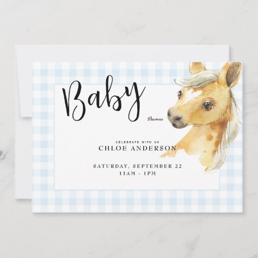 Blue Gingham Pony Baby Shower Einladung (Vorderseite)