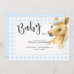 Blue Gingham Pony Baby Shower Einladung