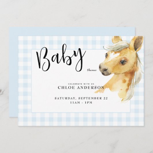 Blue Gingham Pony Baby Shower Einladung (Vorne/Hinten)