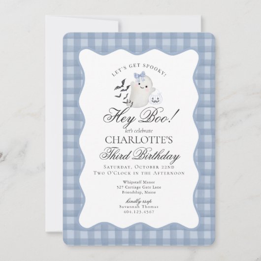 Blue Gingham Preppy Ghost Hey Boo Birthday Einladung (Vorderseite)