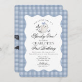 Blue Gingham Preppy Ghost Spooky 1. Geburtstag Einladung (Vorne/Hinten)