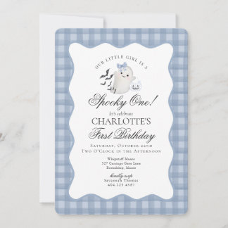 Blue Gingham Preppy Ghost Spooky 1. Geburtstag Einladung