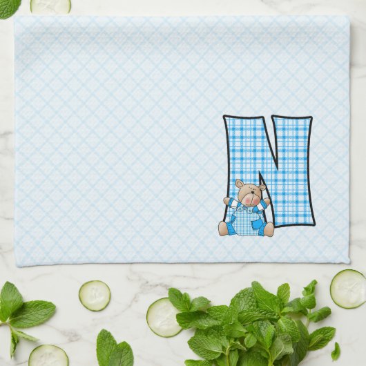 Blue Gingham Print Monogram Big N Handtuch (Gefaltet)