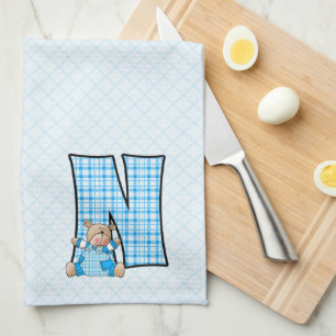 Blue Gingham Print Monogram Big N Handtuch