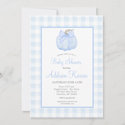 Blue Gingham Pumpkin Baby Shower Einladung (Vorderseite)