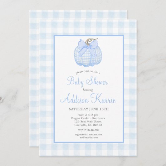 Blue Gingham Pumpkin Baby Shower Einladung (Vorne/Hinten)