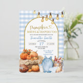 Blue Gingham Pumpkin Brews & Diapers Baby Shower Einladung (Stehend Vorderseite)