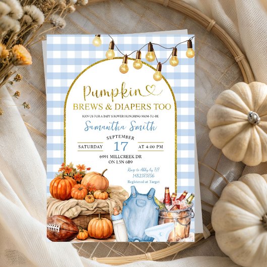 Blue Gingham Pumpkin Brews & Diapers Baby Shower Einladung