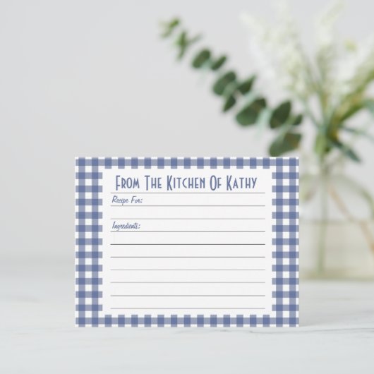 Blue Gingham Recipe Card Postkarte (Stehend Vorderseite)