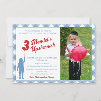 Blue Gingham Red Balloon Upsherin Foto Einladung