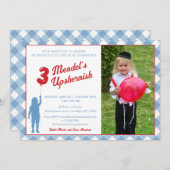 Blue Gingham Red Balloon Upsherin Foto Einladung (Vorne/Hinten)