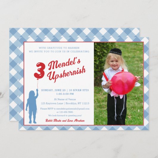 Blue Gingham Red Balloon Upsherin Foto Einladung (Vorne/Hinten)