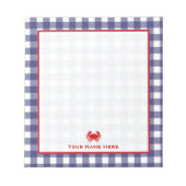 Blue Gingham & Red Crab Personalisiert Notepad Notizblock (Vorderseite)