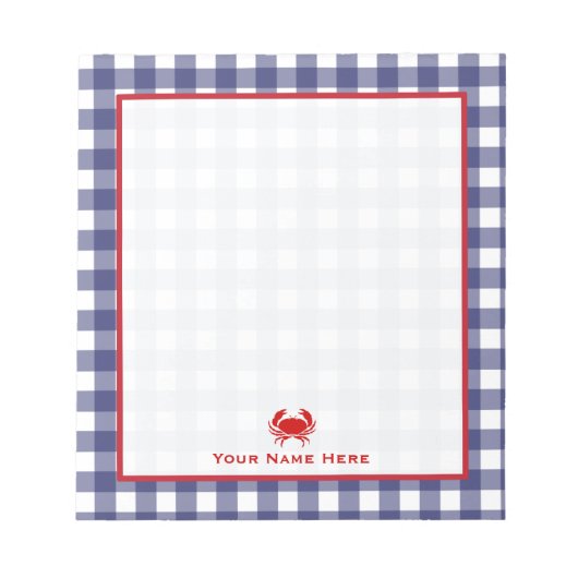 Blue Gingham & Red Crab Personalisiert Notepad Notizblock (Vorderseite)