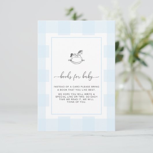 Blue Gingham Rocking Horcking Book Request Card Begleitkarte (Stehend Vorderseite)