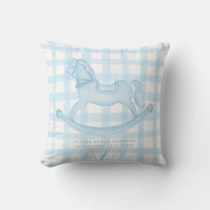 Blue Gingham Rocking Horse Baby Boy Birth Pillow Kissen