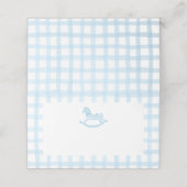 Blue Gingham Rocking Horse Baby Dusche Platzkarte (Außenseite Aufgefaltet)
