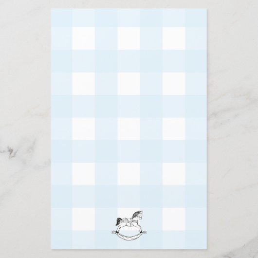 Blue Gingham Rocking Horse Baby Predictions Game (Rückseite)