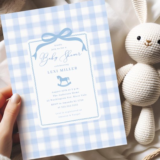 Blue Gingham Rocking Horse Baby Shower Einladung