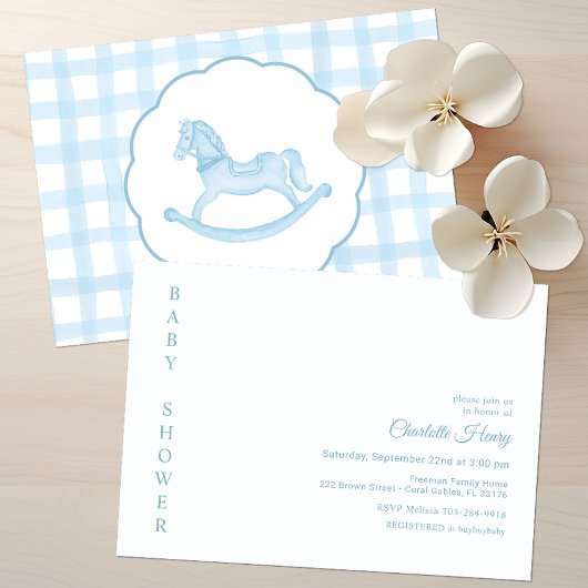 Blue Gingham Rocking Horse Baby Shower Einladung
