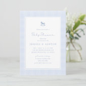 Blue Gingham, Rocking Horse, Baby Shower Invite Ankündigung (Stehend Vorderseite)