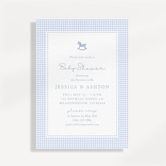 Blue Gingham, Rocking Horse, Baby Shower Invite Ankündigung