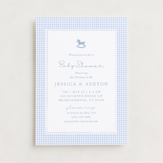Blue Gingham, Rocking Horse, Baby Shower Invite Ankündigung