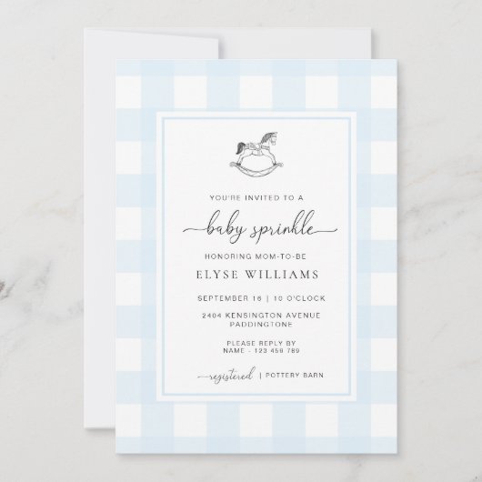 Blue Gingham Rocking Horse Baby Sprinkle Einladung (Vorderseite)