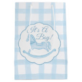 Blue Gingham Rocking Horse Boy Baby Geschenktasche Mittlere Geschenktüte (Rückseite)