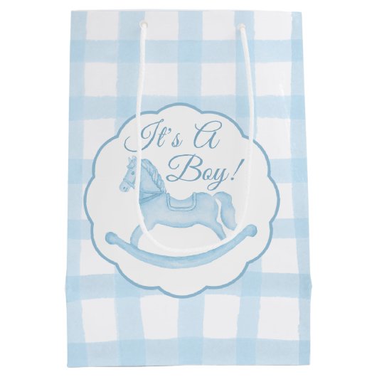 Blue Gingham Rocking Horse Boy Baby Geschenktasche Mittlere Geschenktüte (Rückseite)