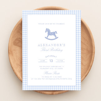 Blue Gingham Rocking Horse Boy Birthday Einladung