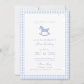 Blue Gingham Rocking Horse Boy Birthday Einladung (Vorderseite)