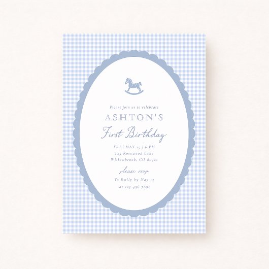 Blue Gingham Rocking Horse Boy Birthday Invitation Ankündigung