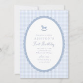Blue Gingham Rocking Horse Boy Birthday Invitation Ankündigung (Vorderseite)