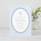 Blue Gingham Rocking Horse Boy Birthday Invitation Ankündigung (Stehend Vorderseite)