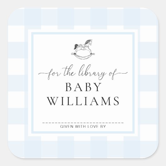 Blue Gingham Rocking Horse Library of Buchzeichen Quadratischer Aufkleber (Vorderseite)
