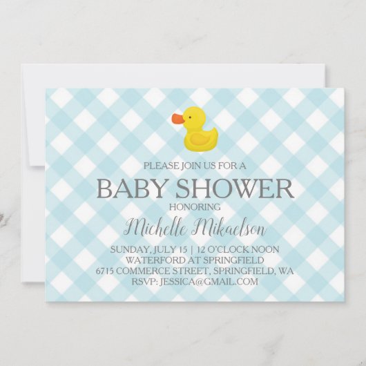 Blue Gingham Rubber Duckie Baby Duckie Einladung (Vorderseite)