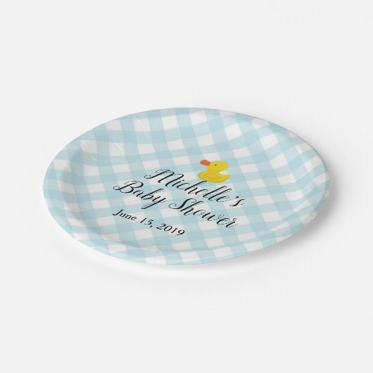 Blue Gingham Rubber Duckie Baby Duckie Pappteller (Schrägansicht)